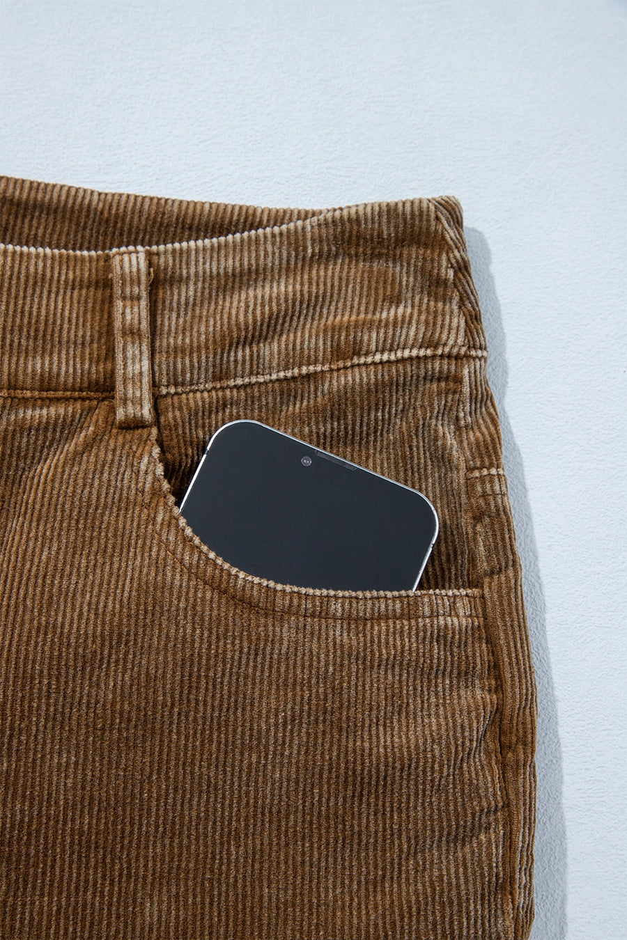 Straight Leg Corduroy Zip-Up Pants in Taupe with pocketed