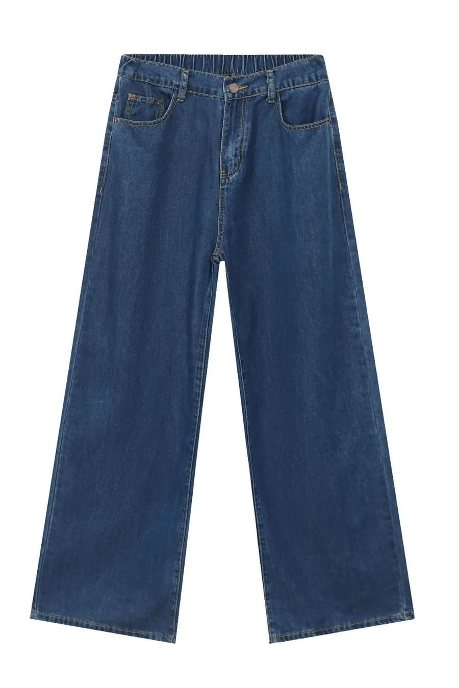 Light blue denim jeans with a wide leg and elastic waistband.