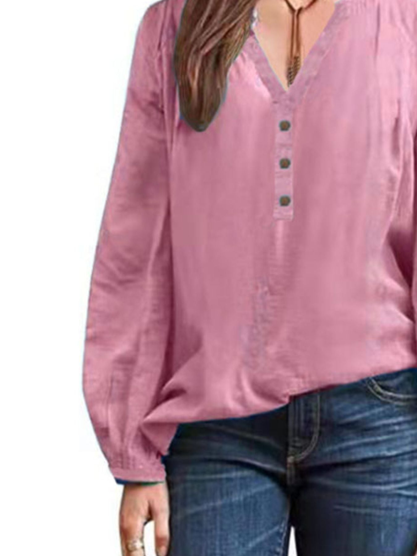 Pink long-sleeve blouse with V-neck and button detail