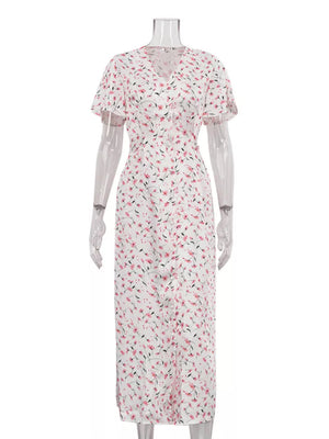White floral print midi dress with v-neck and short flutter sleeves