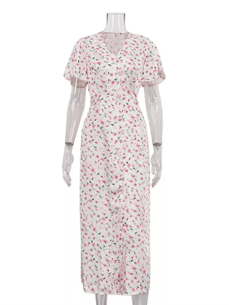 White floral print midi dress with v-neck and short flutter sleeves