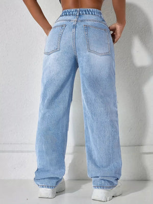 Blue with Distressed Wide Leg Jeans