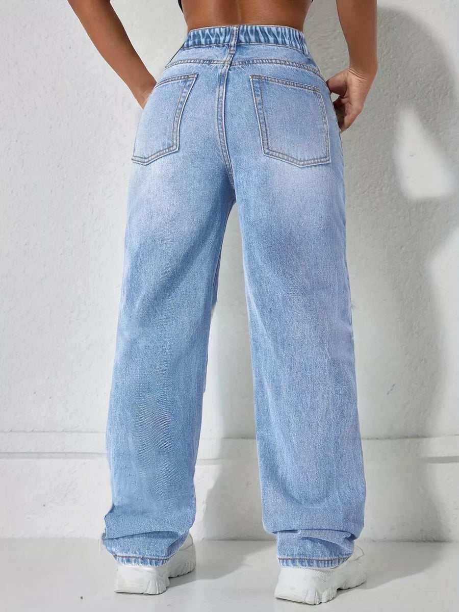 Blue with Distressed Wide Leg Jeans
