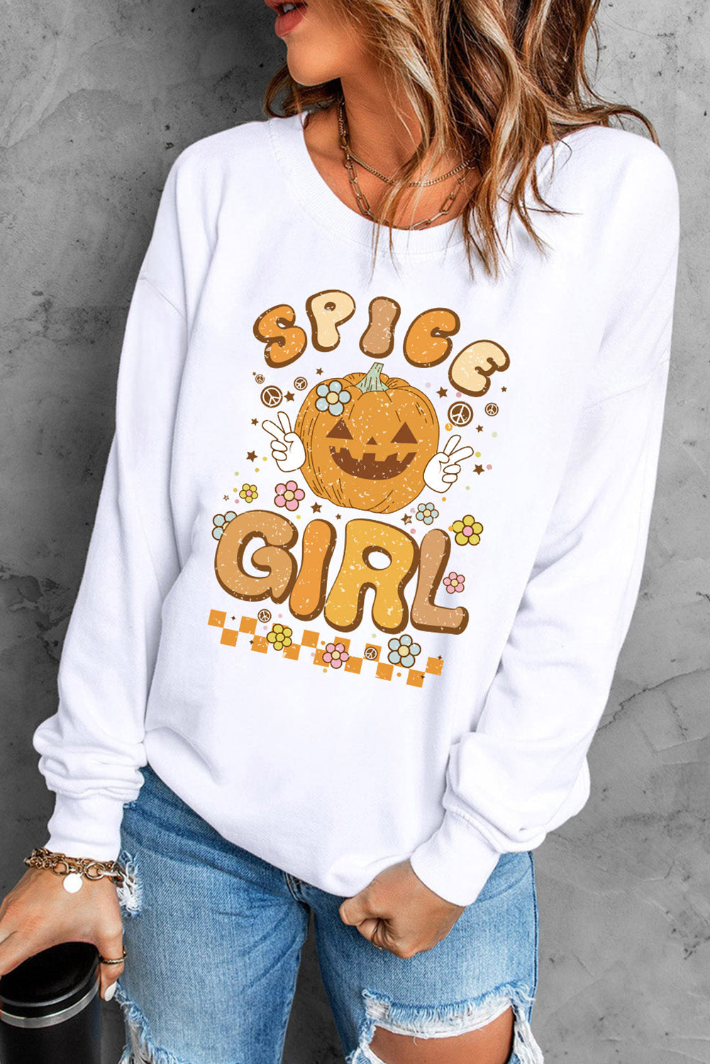 White crewneck sweatshirt with Spice Girl pumpkin graphic and retro font
