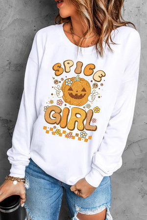 White crewneck sweatshirt with Spice Girl pumpkin graphic and retro font