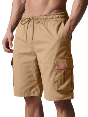 Tan adjustable cargo shorts with drawstring waist and buttoned cargo pocket detail.