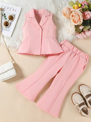 Pink sleeveless blazer and flare pants set for baby girls