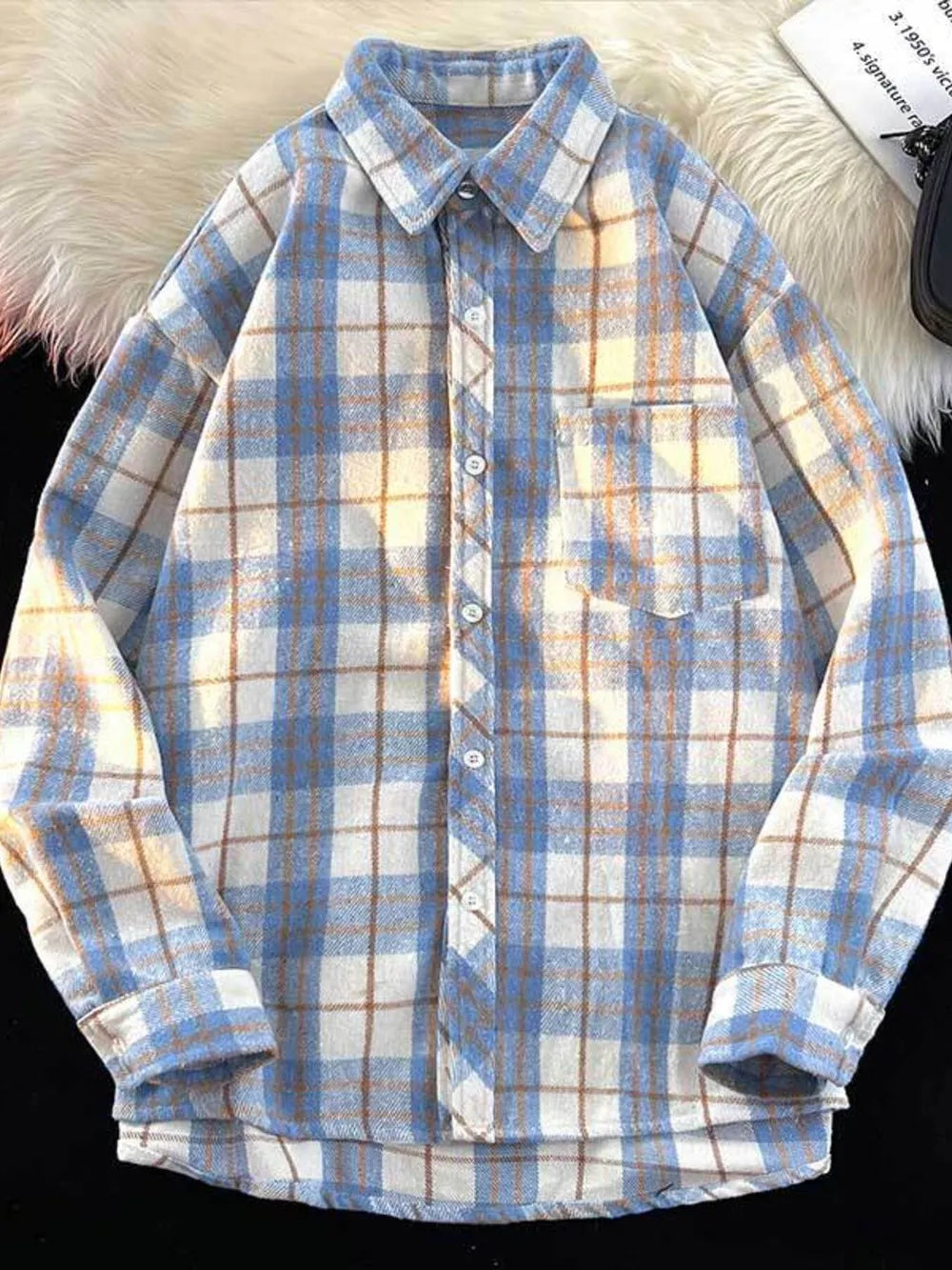 light blue button-up shirt with plaid and collared