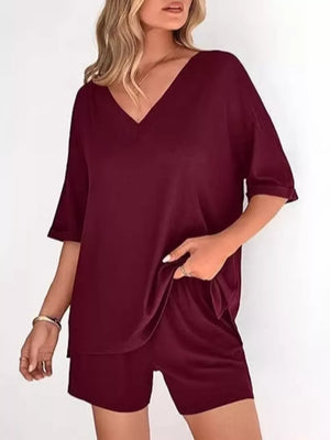 Solid Color V-neck And Shorts Set in Army Green, view 14