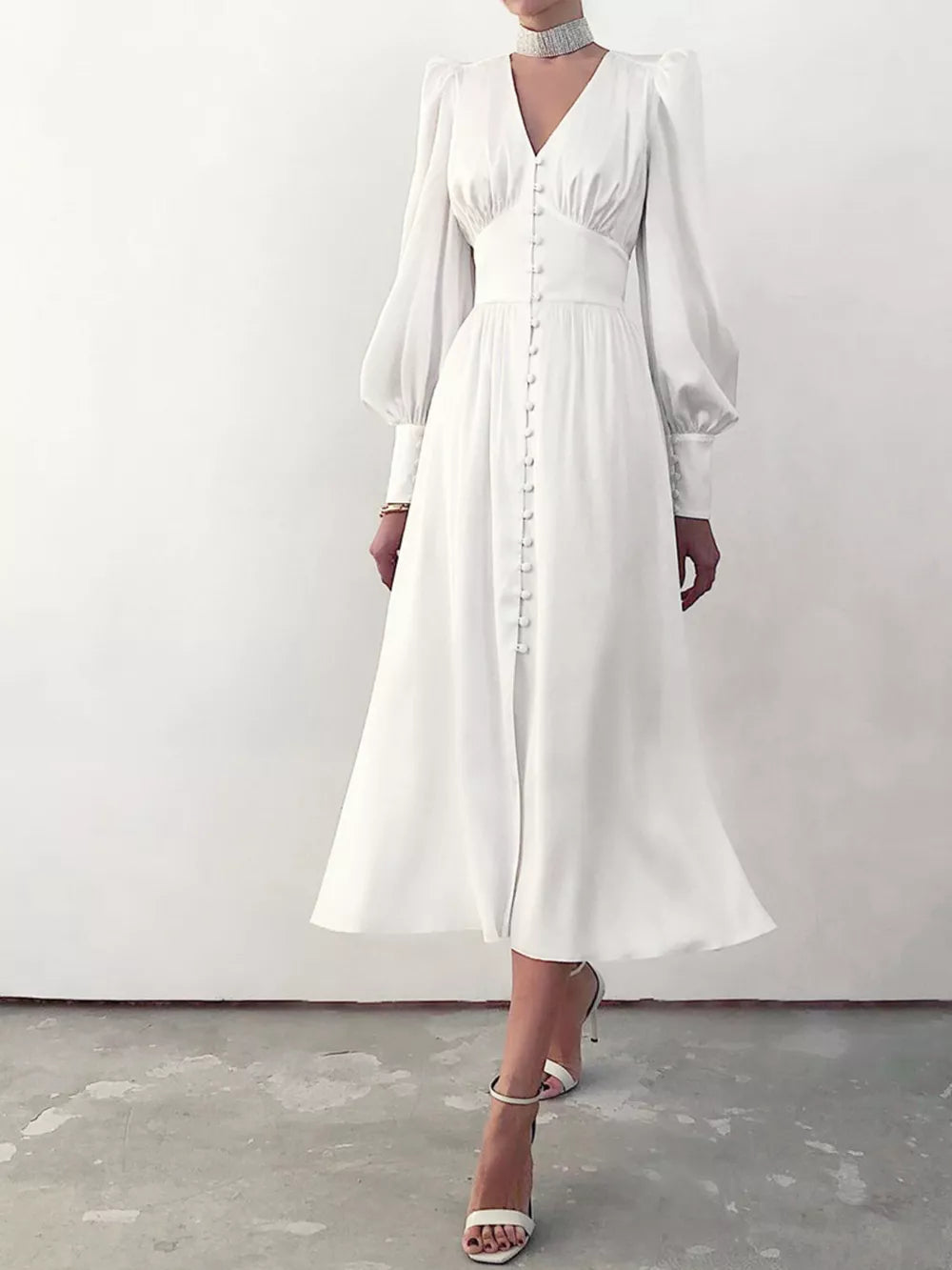 White Elegant V-neck Puff Sleeve Button-down Midi Dress