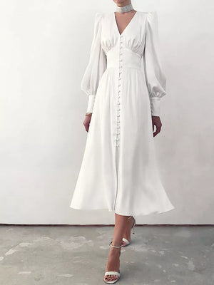 White Elegant V-neck Puff Sleeve Button-down Midi Dress