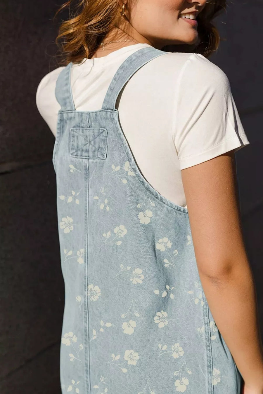 Light Blue with Wash Denim Floral Print Overall Mini Dress