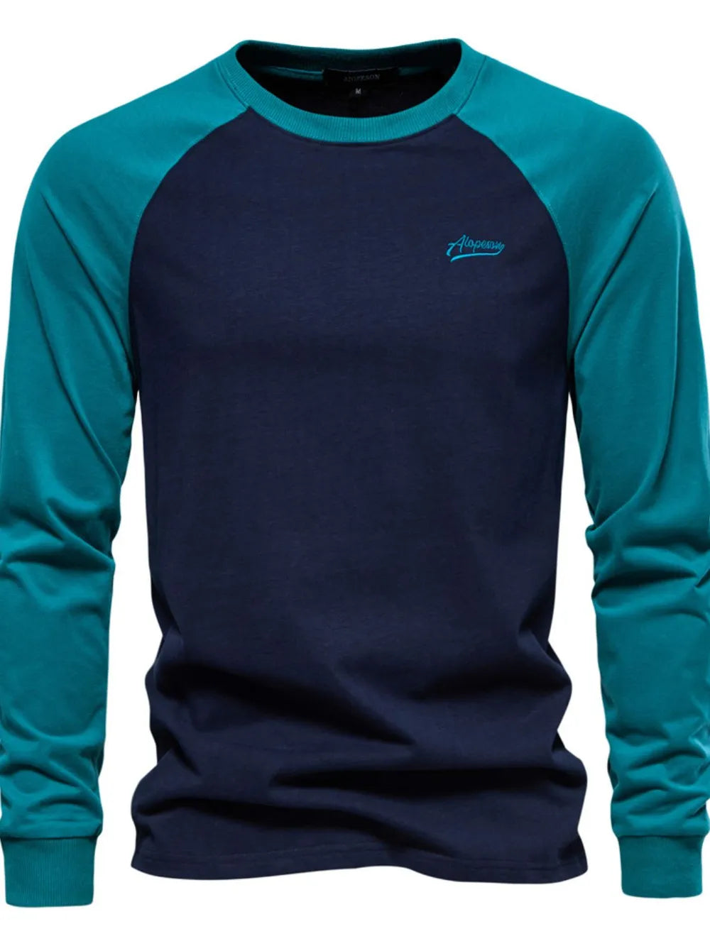 Navy and teal colorblock raglan tee with embroidered logo