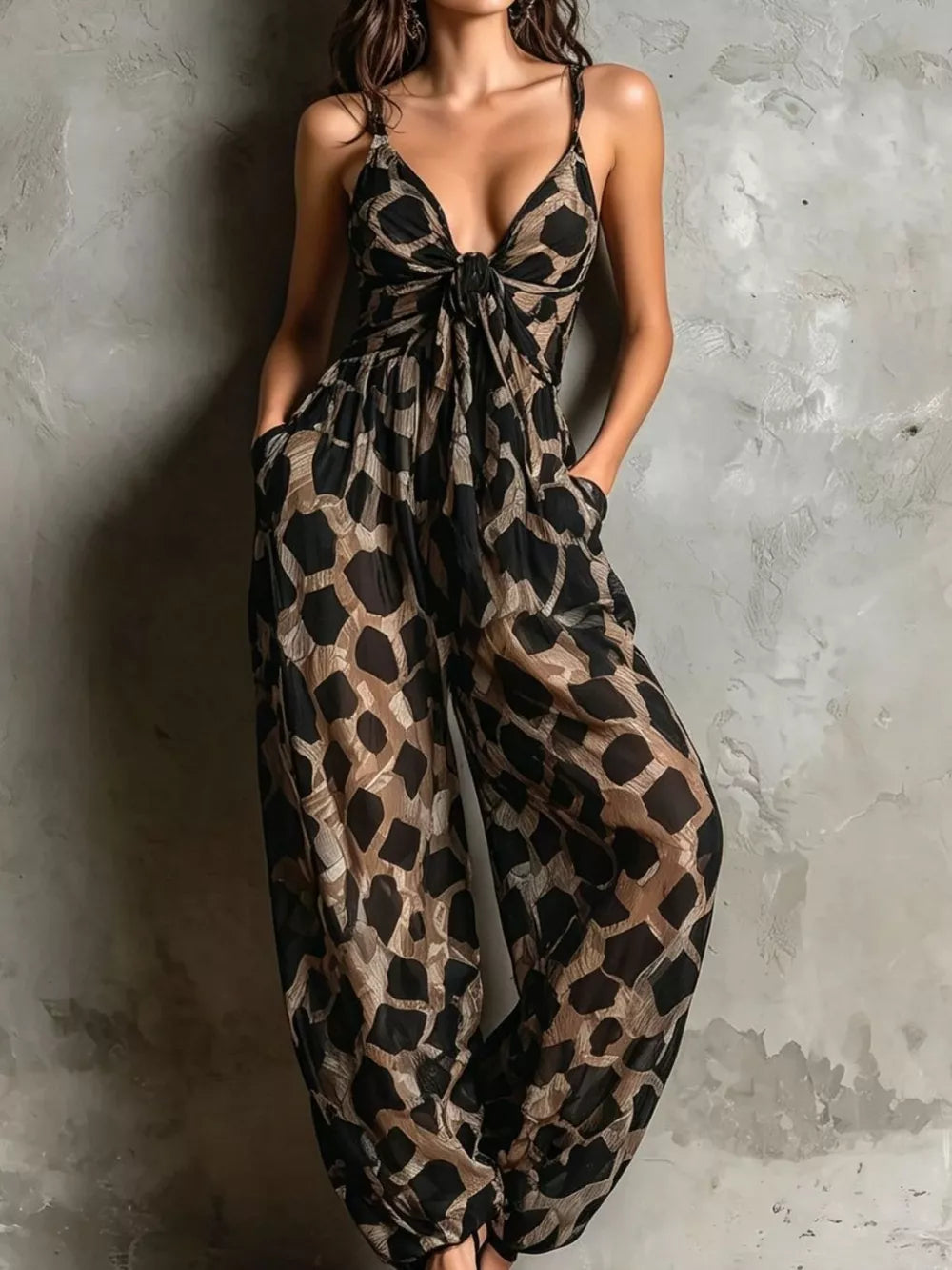 black jumpsuit with geometric and deep v-neck