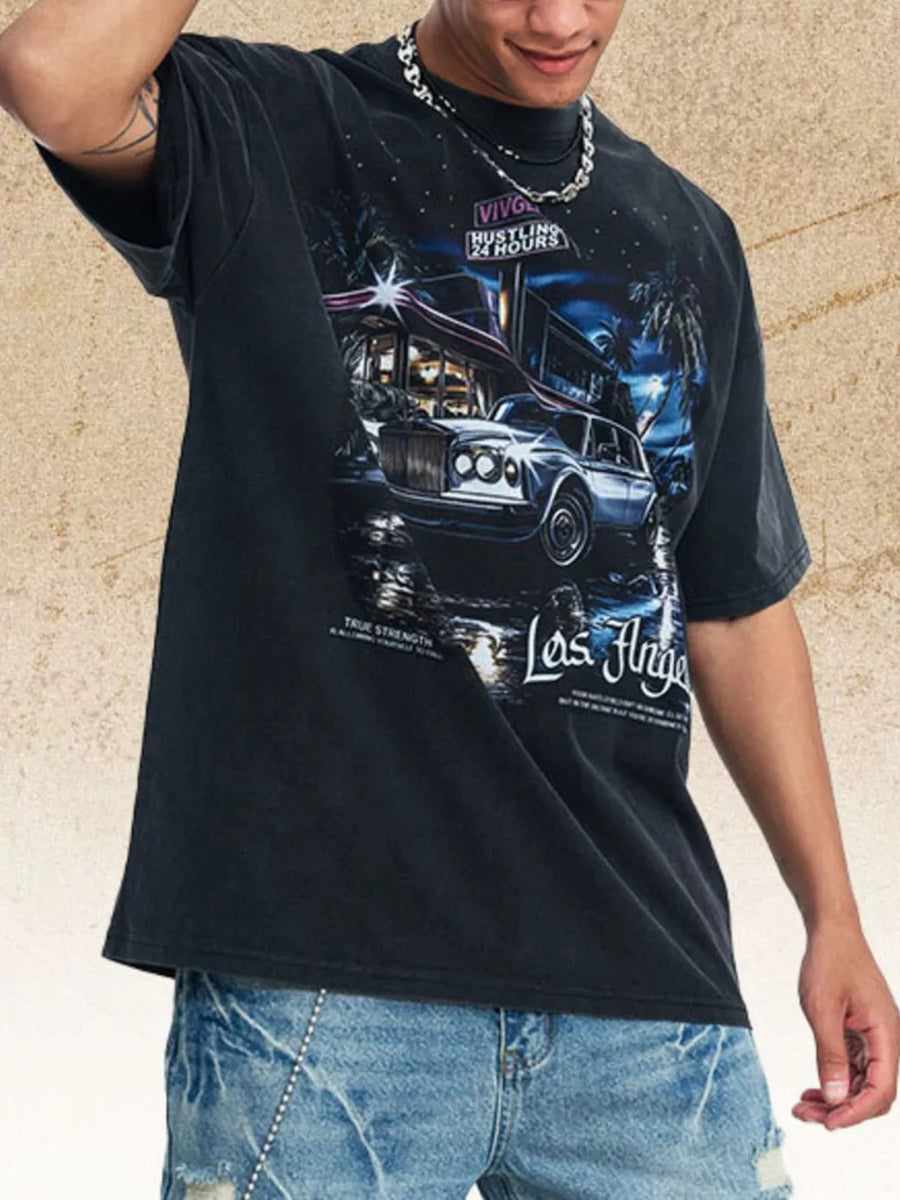 Black cotton graphic t-shirt with vintage Los Angeles car and neon sign print.
