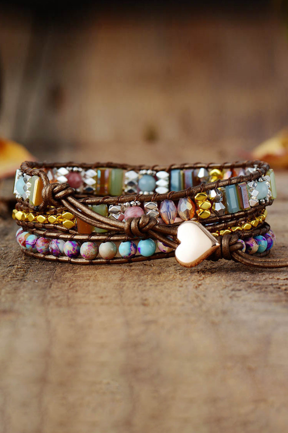 Bohemian wrap bracelet with stones, beads, and heart charm on leather cord