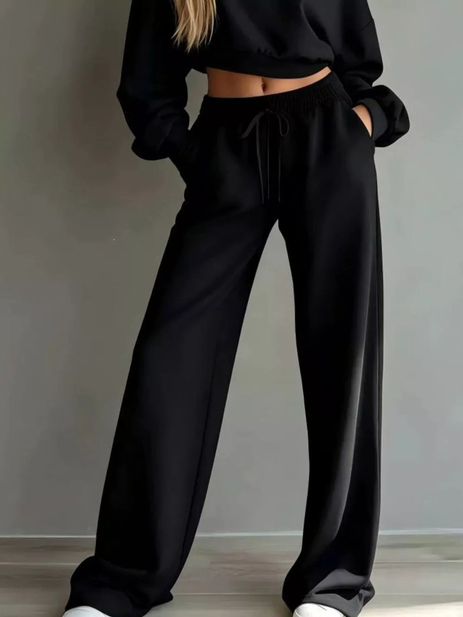 Round Neck Cropped Sweatshirt And Wide-leg Pants Set in Black with drawstring