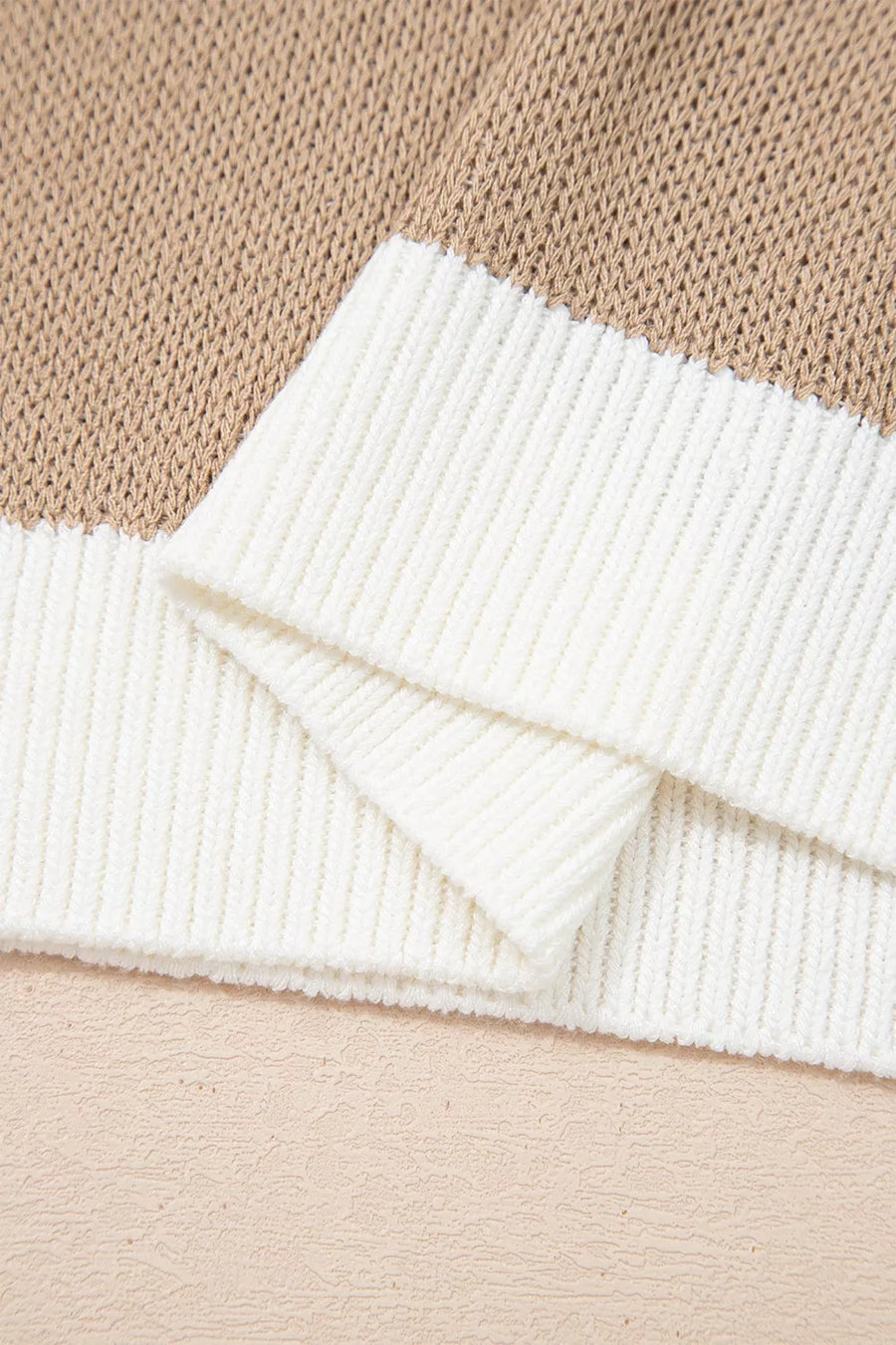 pullover sweater in tan with contrast trim and hip-length