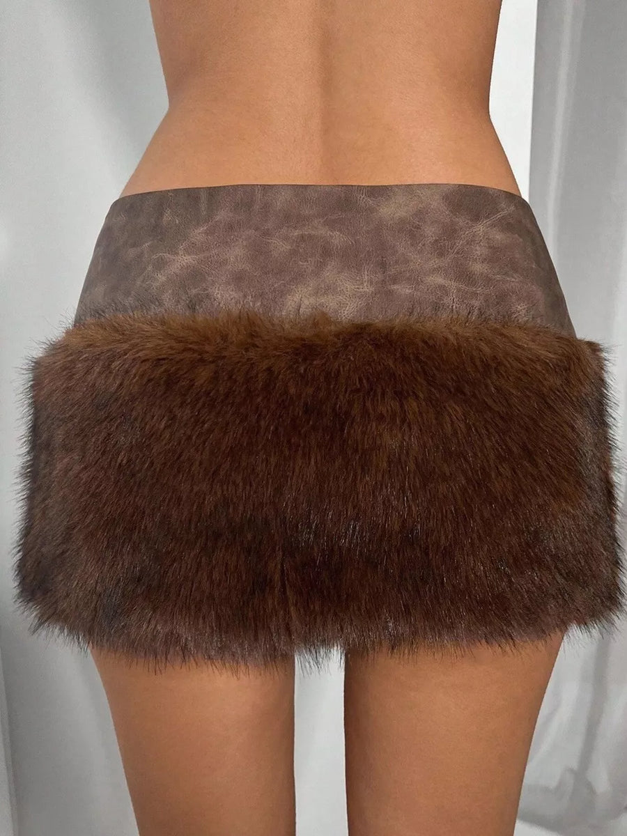 Brown with Faux Fur Trim Mini Skirt
