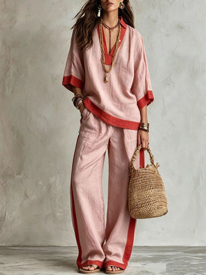 Navy pants set with contrast trim and elbow sleeve