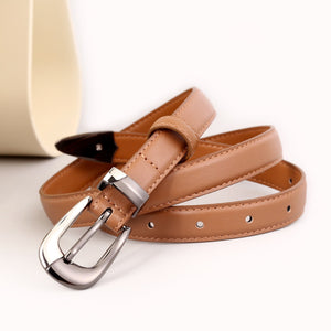 Caramel cowhide leather belt with a sleek metal buckle and stitching detail.