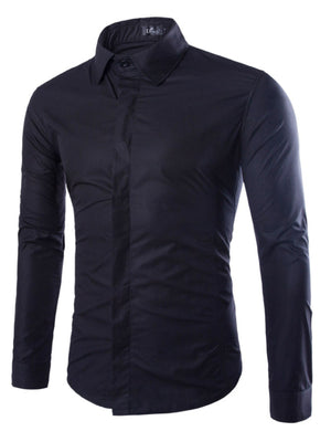 Men's black long sleeve button-up shirt with a pointed collar and a slim fit.