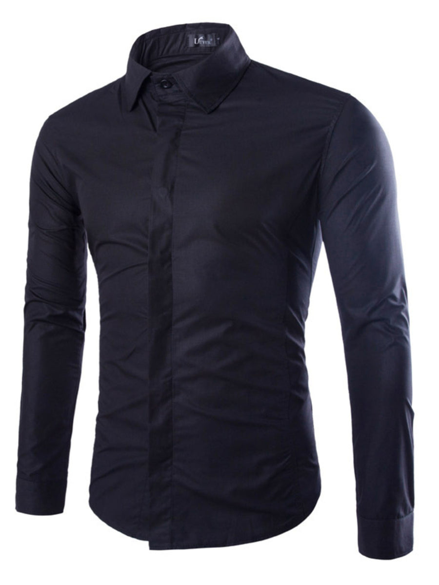 Men's black long sleeve button-up shirt with a pointed collar and a slim fit.