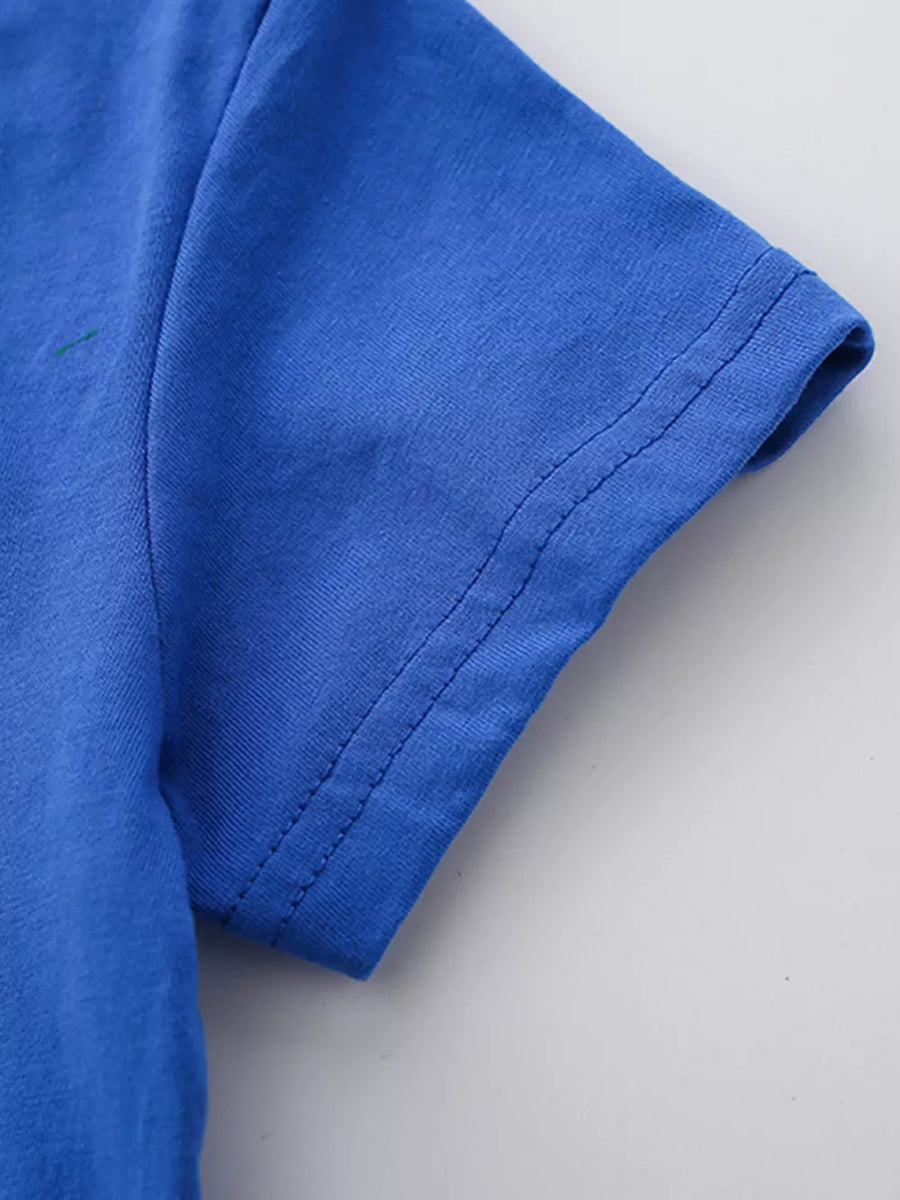 Blue cotton baby t-shirt sleeve detail with double stitching.