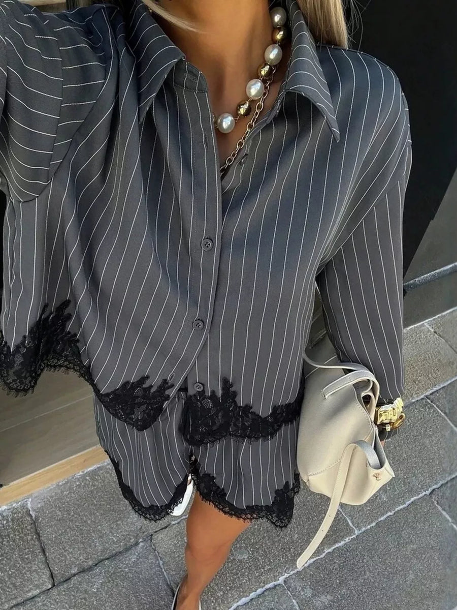 charcoal pajama set with striped and collared