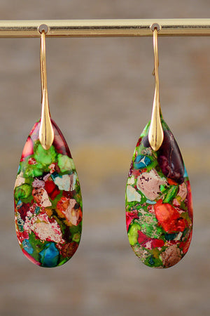 Teardrop Jasper drop earrings in gold with colorful mosaic stone and gold hook.