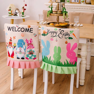 Easter chair covers with gnomes and bunnies, featuring "Welcome" and "Happy Easter" text.