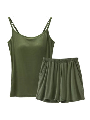 Army green cami and shorts pajama set with adjustable straps and pockets.
