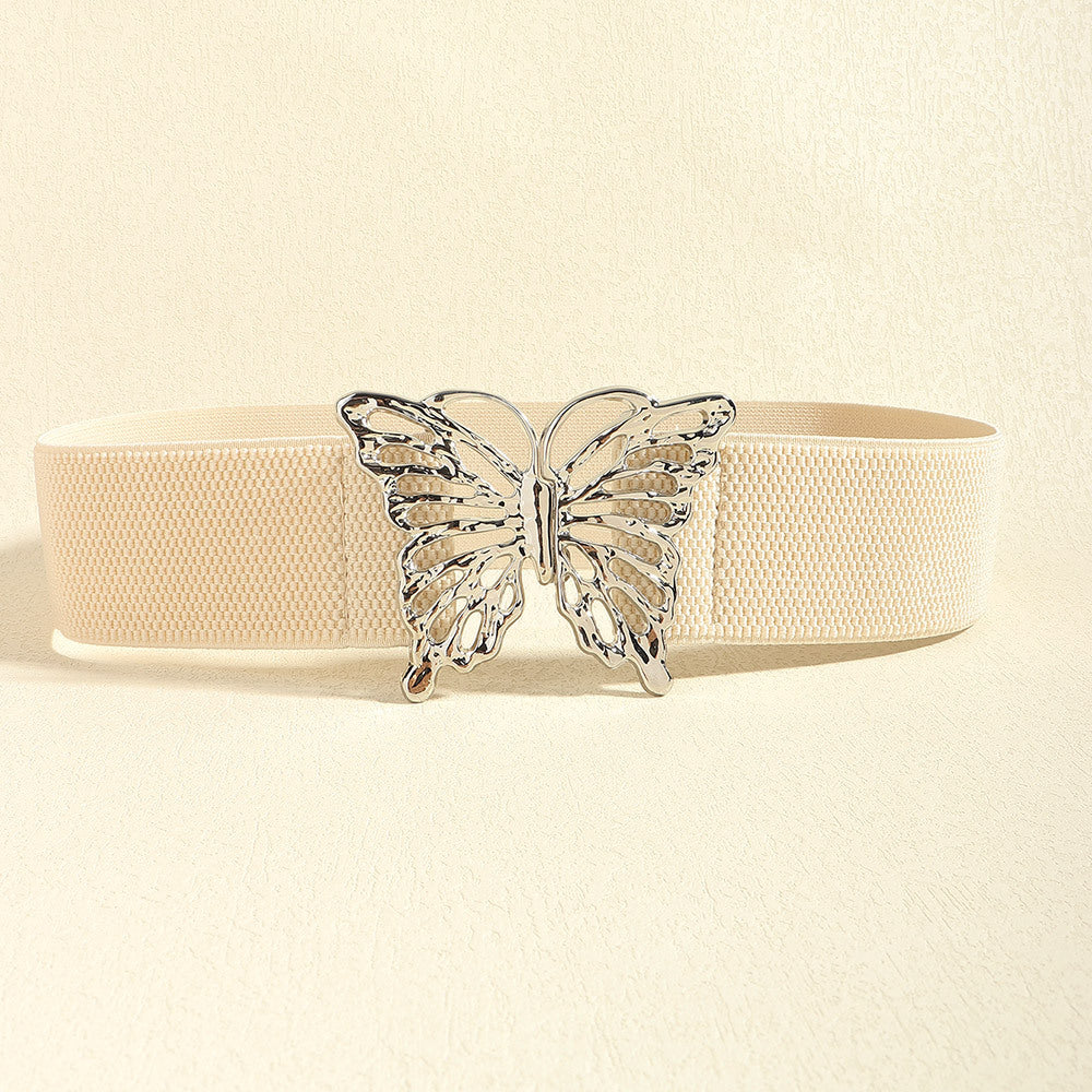 Elastic belt with silver butterfly buckle in light yellow