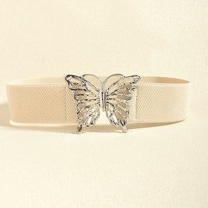 Elastic belt with silver butterfly buckle in light yellow