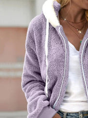 Purple fleece zip-up hoodie with white drawstring and sherpa lining.