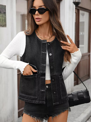 Black buttoned denim vest with collarless neckline and chest and hip pockets