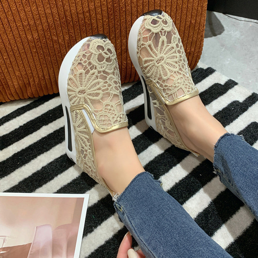 Lace mesh slip-on flats in khaki with gold trim detail.