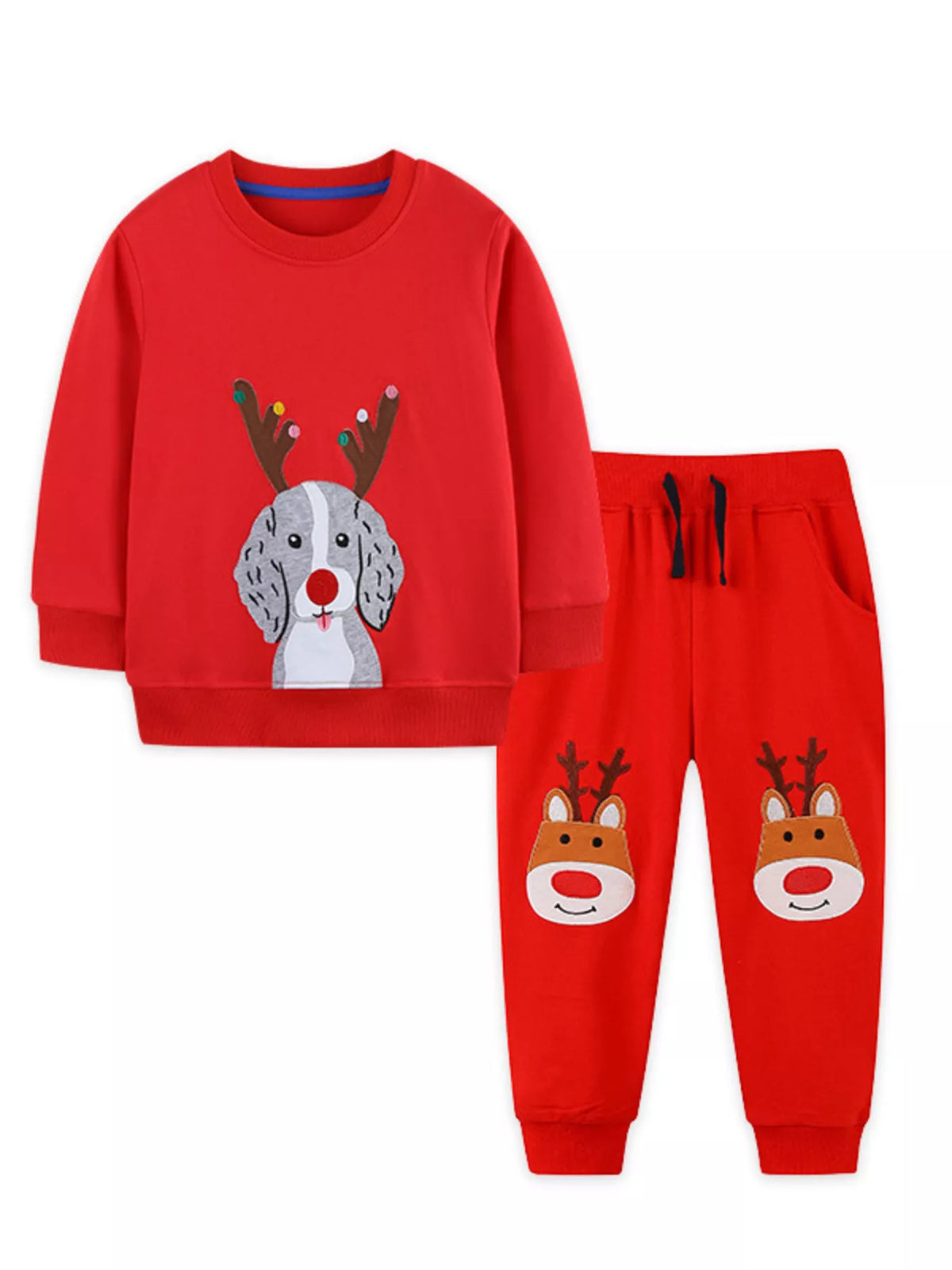 Red Christmas dog and reindeer outfit set for babies, with applique details.