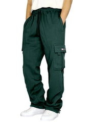 Dark green fleece cargo trousers with drawstring waist and pockets.
