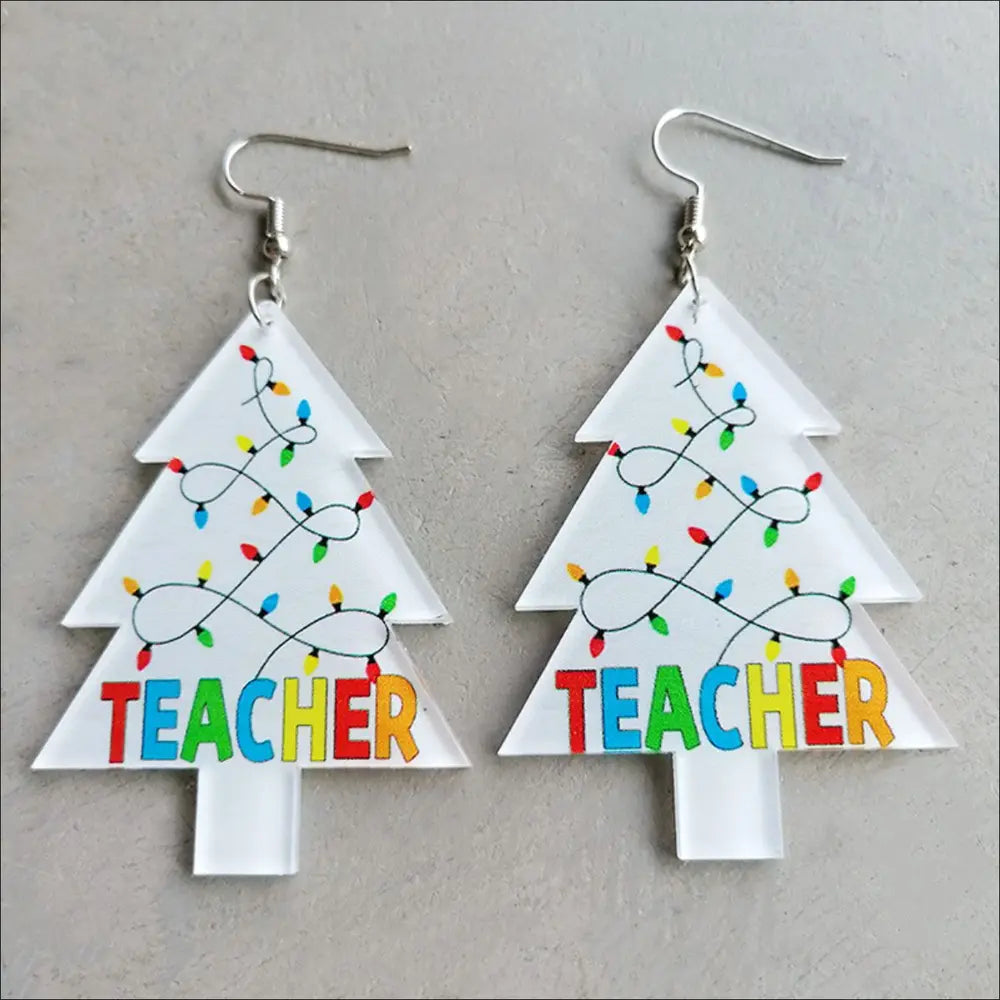 Acrylic Christmas tree earrings with colorful lights and TEACHER text