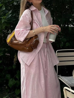 Pink with Button Up Shirt And Drawstring Pants Set