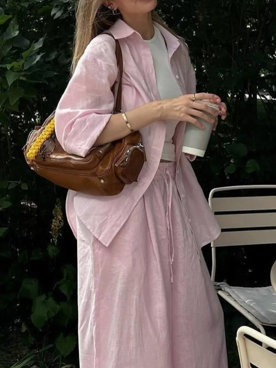 Pink with Button Up Shirt And Drawstring Pants Set