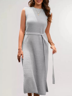 sweater dress in light gray featuring ribbed and straight fit