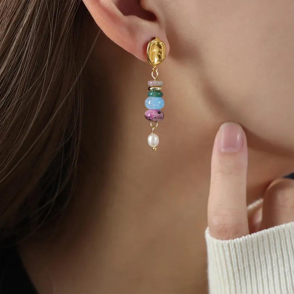 Stacked gemstone & pearl dangle earrings with 18K gold-plated accents.