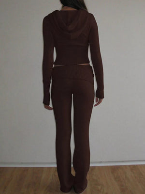 Black with Zip Up Hooded Cardigan And Pants Sweater Set