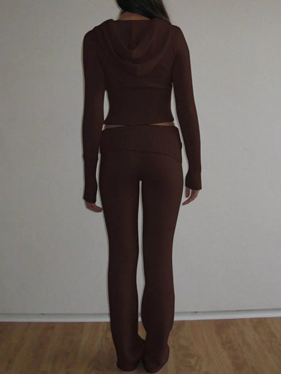 Black with Zip Up Hooded Cardigan And Pants Sweater Set
