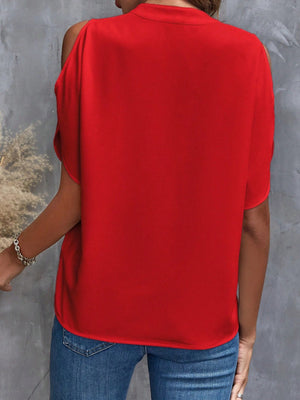 Deep Red open-shoulder blouse with keyhole detail, 100% polyester.