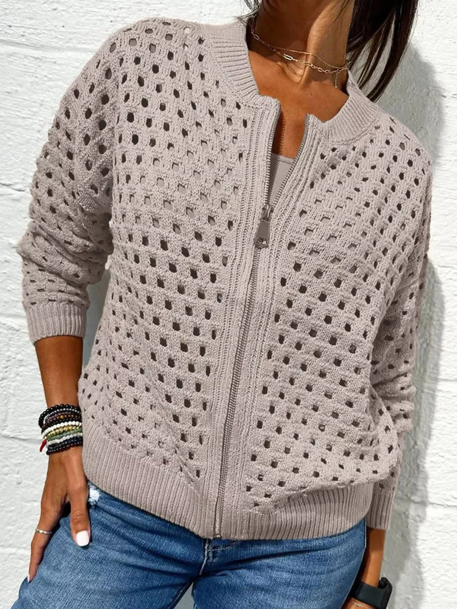 Apricot cardigan with hip-length and zip-front
