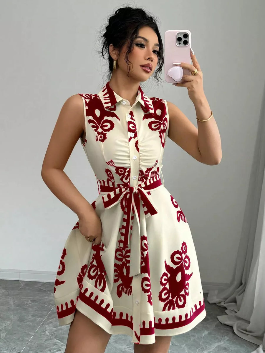 Cream and red print shirtdress with ruching and tie waist