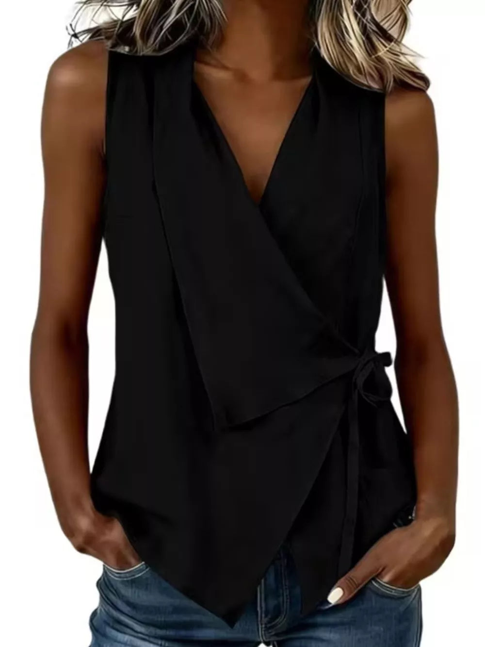 Pink wrap top with stretch and sleeveless
